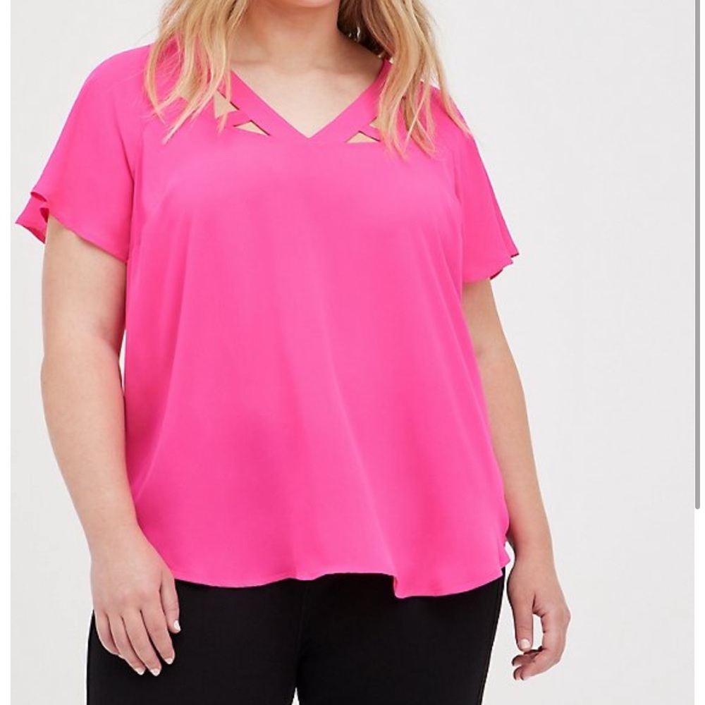 Torrid Georgette V-neck Cutout Blouse, Bright Pink 3x